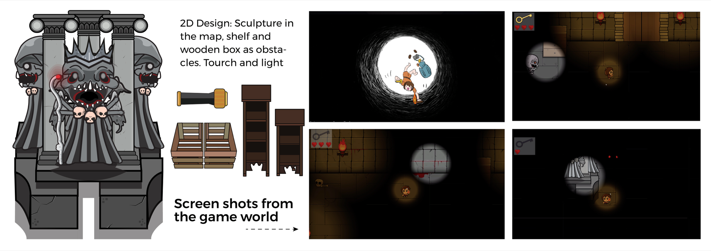 Environment design — sculpture, props, torch and light — with screenshots from the game world