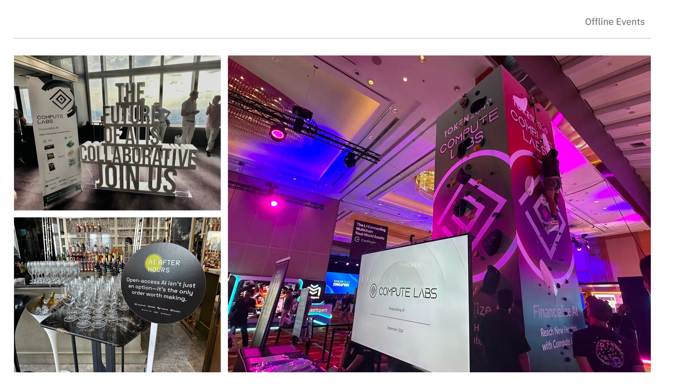 Compute Labs offline events: the Token2049 Singapore climbing-wall booth, the 'Future of AI is Collaborative' installation, and the AI After Hours cocktail signage