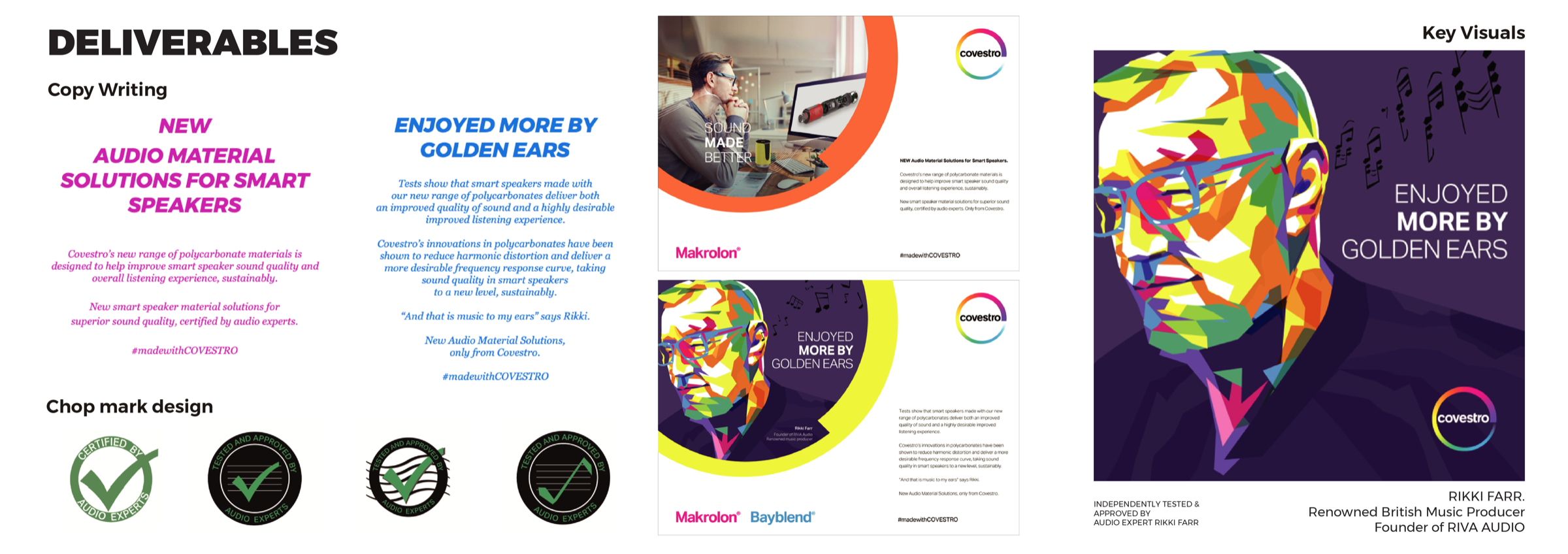 Covestro campaign deliverables — copywriting, chop mark designs, and the Rikki Farr key visuals