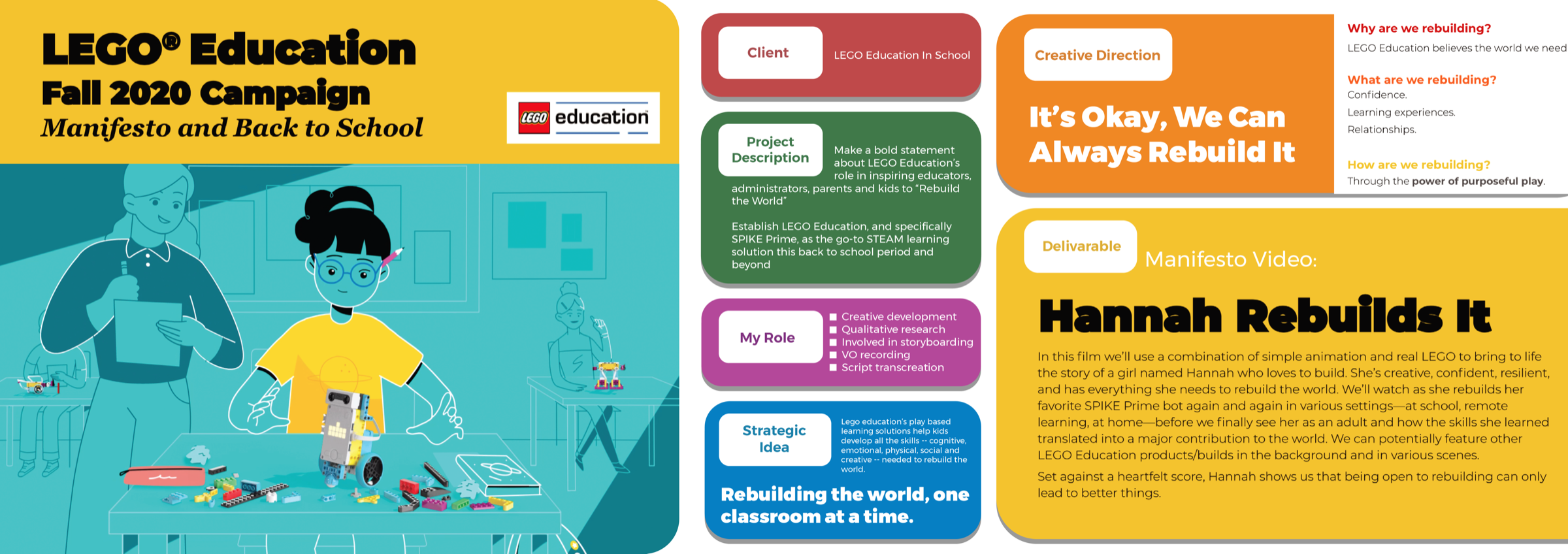 LEGO Education Fall 2020 campaign — Manifesto and Back to School, Hannah Rebuilds It
