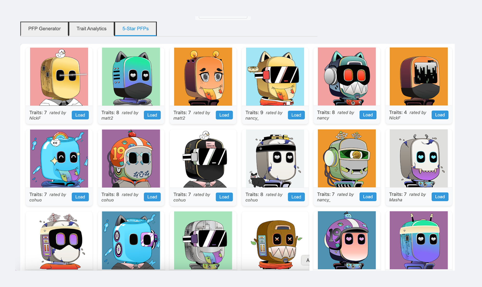 miniG PFPs — a grid of robot characters with different bases, eyes, antennas, and decorations