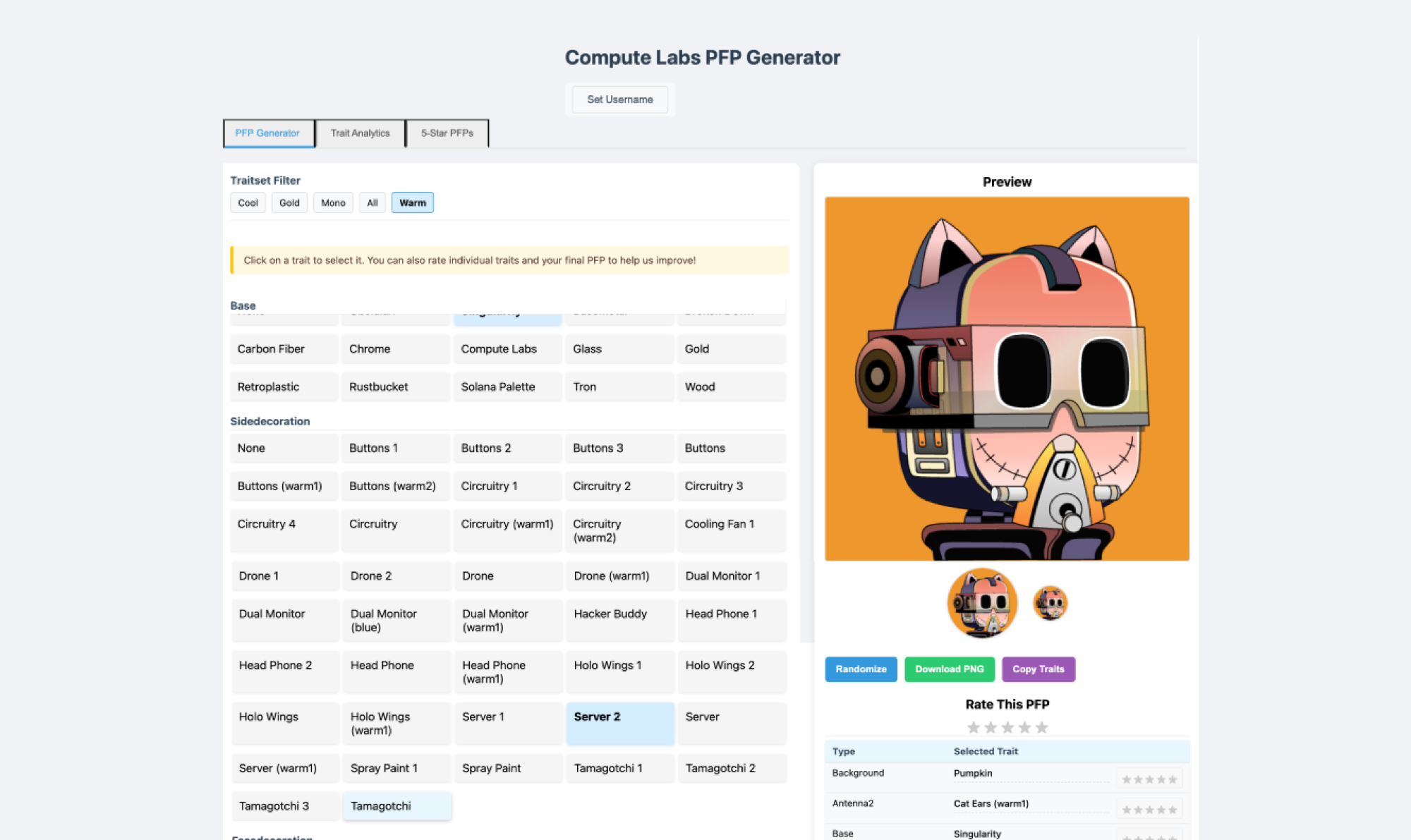 The Compute Labs PFP Generator — trait filters, live preview, randomize and download, and per-trait rating