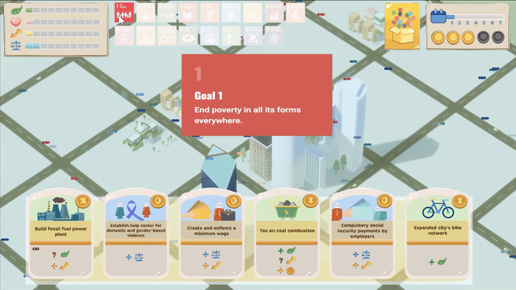 SDGs panel with hover descriptions