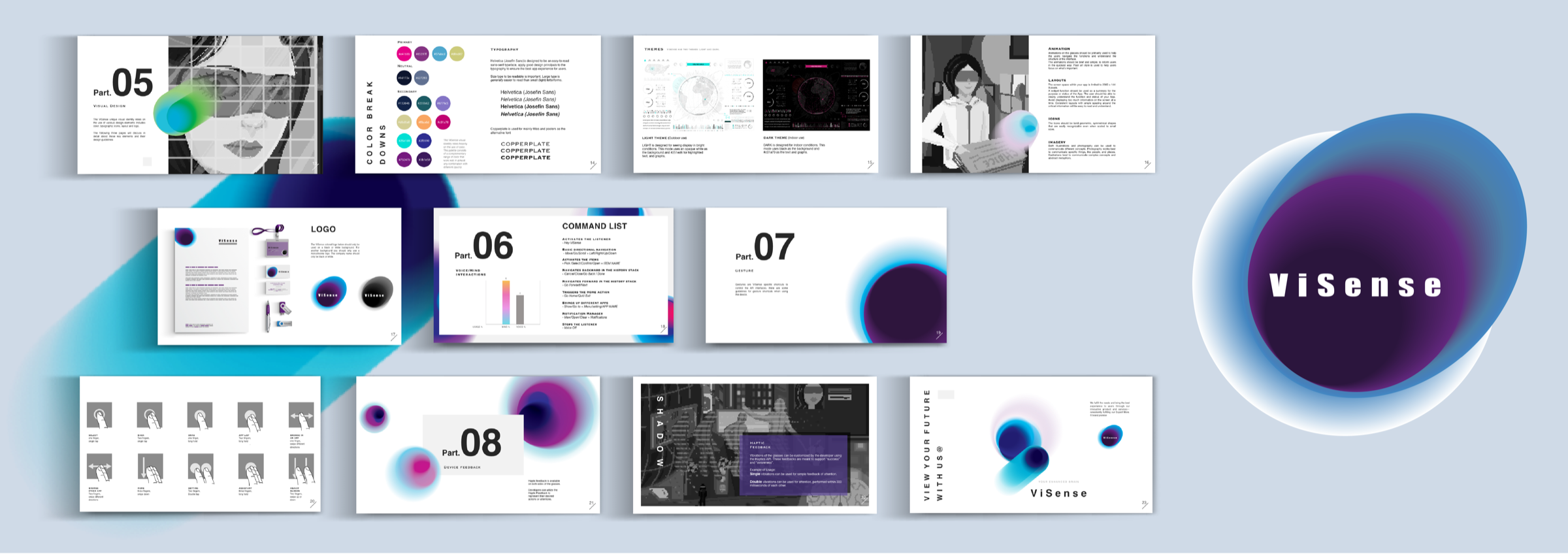 ViSense brandbook — visual design, logo, command list, gestures, and device feedback
