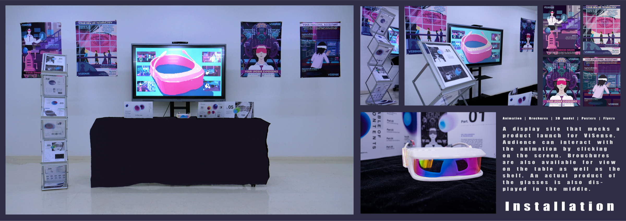 The ViSense installation — a mock product launch with posters, brochures, and the physical prototype