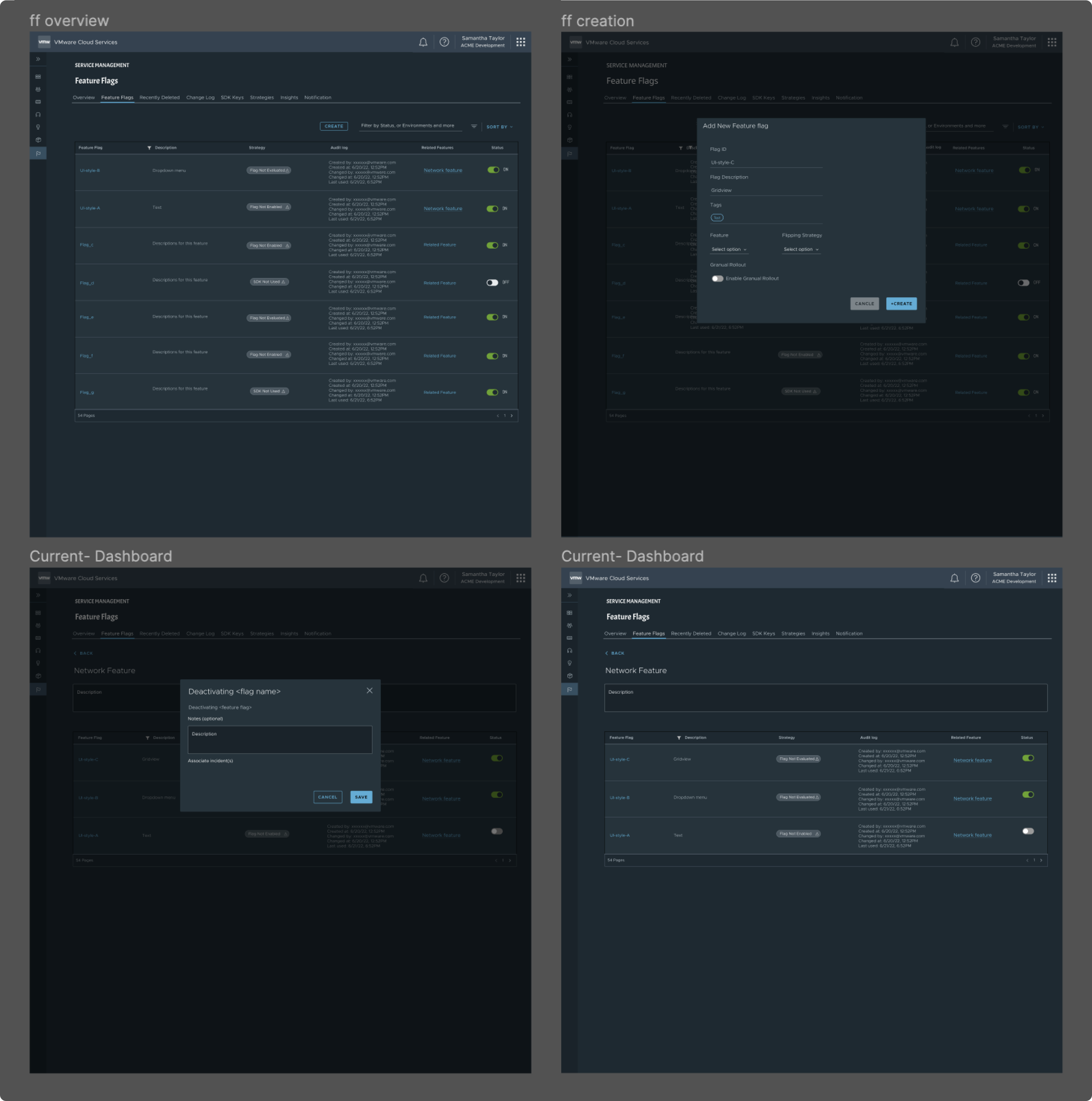 Feature flag management: the flag overview table, the add-new-flag creation modal, and the deactivate-flag flow